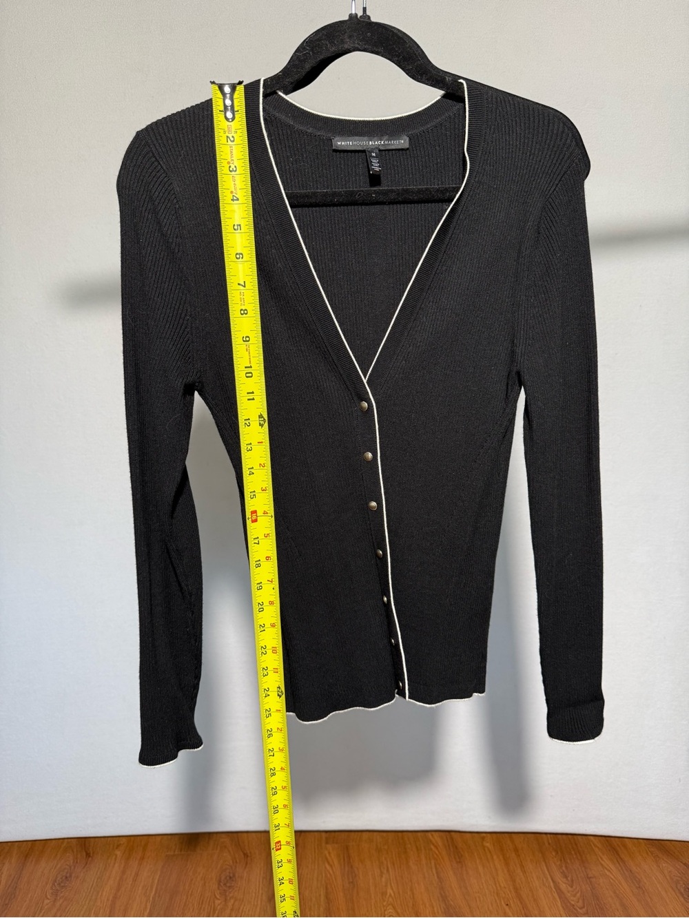 White House Black Market Black Ribbed V-Neck Cardigan with White Contrast - Picture 4 of 6